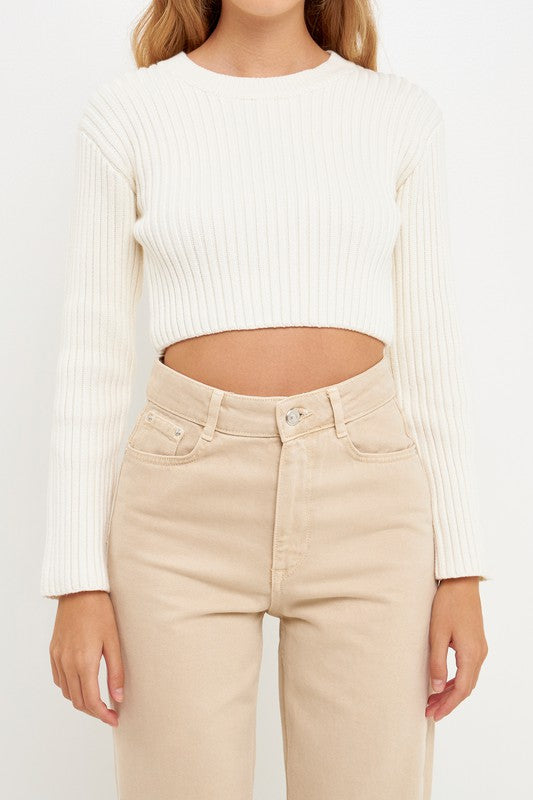 Cropped Knit Ribbed Sweater