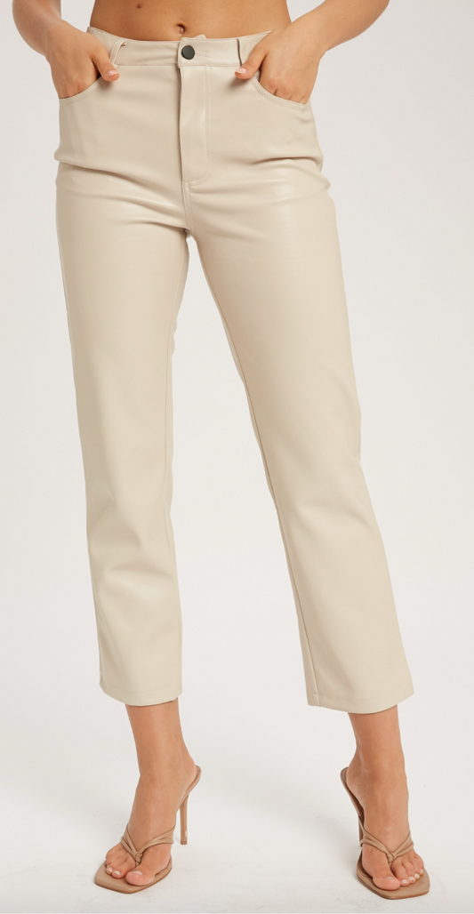 Cream Faux Leather Straight Pant