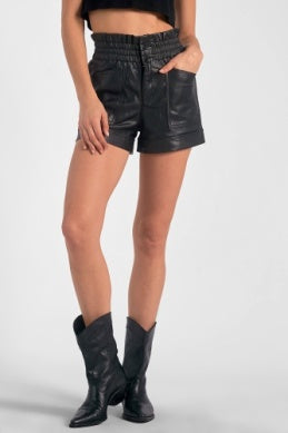 Black Elastic Leather Shorts